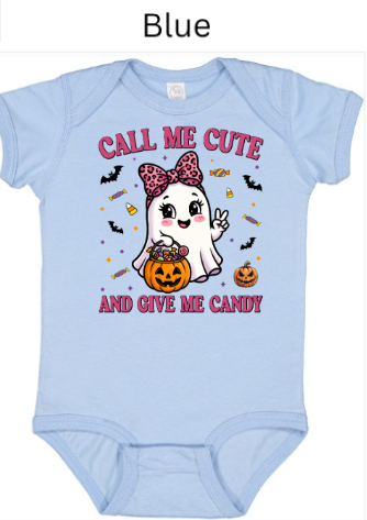 Call Me Cute ghost baby onesie light blue with bow pumpkin candy pail Halloween bats candy corn infant bodysuit trick-or-treat outfit