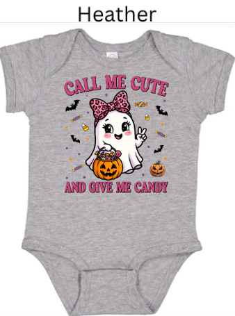 Heather gray baby onesie Call Me Cute Halloween ghost pink bow candy bucket jack-o-lantern bats candy corn soft infant bodysuit