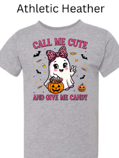 Athletic heather gray kids t-shirt Call Me Cute Halloween ghost with bow candy bucket bats candy corn playful fall graphic tee