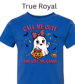 True royal blue toddler t-shirt Call Me Cute Give Me Candy ghost Halloween design pink bow pumpkin candy bats bright fall shirt
