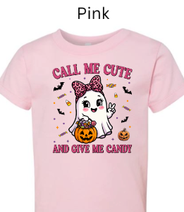 Call Me Cute Give Me Candy pink toddler t-shirt Halloween ghost with bow candy bucket bats flowers cute fall graphic shirt for kids