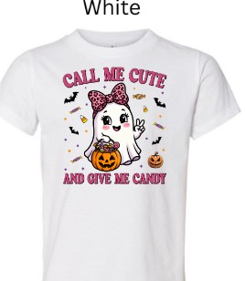 Call Me Cute Give Me Candy ghost t-shirt white with pink bow ghost jack-o-lantern candy bucket bats candy corn Halloween children's graphic tee