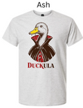 Duckula vampire duck t-shirt ash heather gray featuring illustrated duck in brown cape red vest gold buttons with bold DUCKULA text funny Halloween pun graphic tee