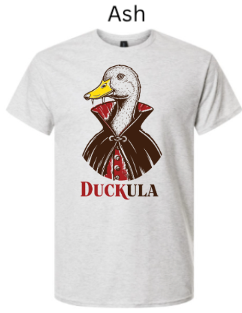 Duckula vampire duck t-shirt ash heather gray featuring illustrated duck in brown cape red vest gold buttons with bold DUCKULA text funny Halloween pun graphic tee