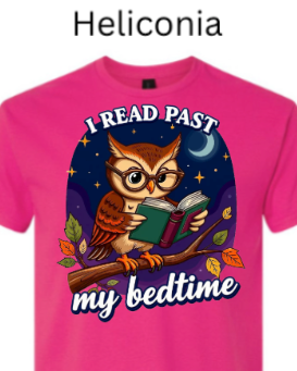 Heliconia- Cute owl reading book at night under starts and moon I read past my bedtime shirt design. 