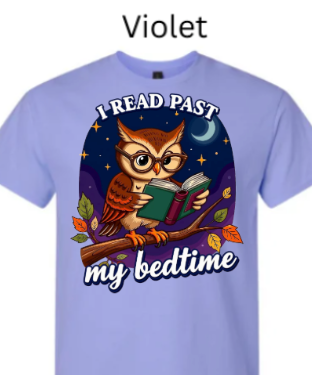 Violet- Cute owl reading book at night under starts and moon I read past my bedtime shirt design. 
