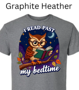 Graphite Heather- Cute owl reading book at night under starts and moon I read past my bedtime shirt design. 