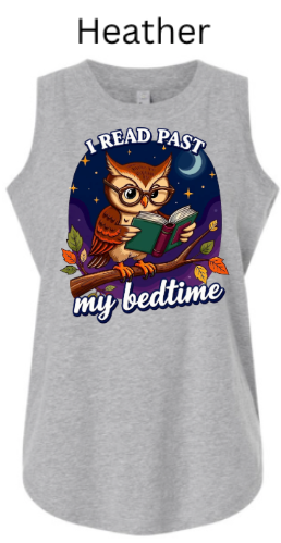 Heather- Cute owl reading book at night under starts and moon I read past my bedtime tank top design. 