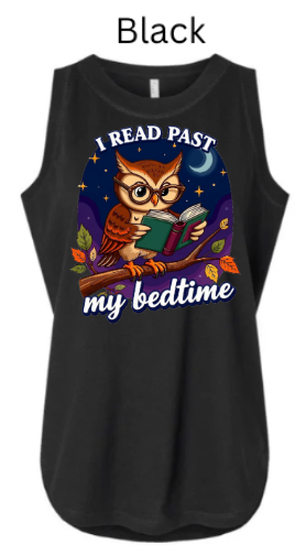 Black- Cute owl reading book at night under starts and moon I read past my bedtime tank top design. 