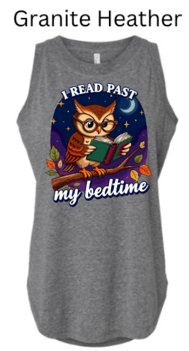 Granite Heather- Cute owl reading book at night under starts and moon I read past my bedtime tank top design. 