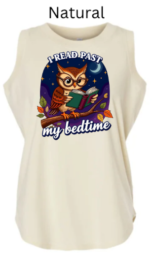 Natural-Cute owl reading book at night under starts and moon I read past my bedtime tank top design. 