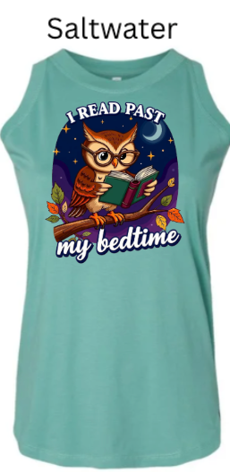 Saltwater-Cute owl reading book at night under starts and moon I read past my bedtime tank top design. 