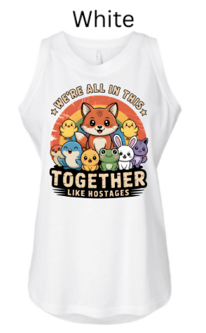 "We're All In This Together Like Hostages" Funny Animal Group Tank Top | DTF Printed Women's Muscle Tee | Cute Wildlife Humor Shirts for Women | Retro Sunset Design