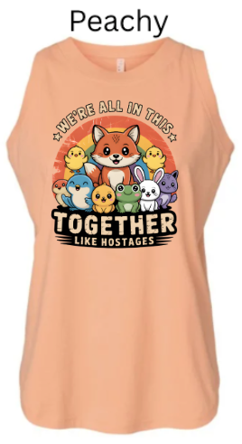 "We're All In This Together Like Hostages" Funny Animal Group Tank Top | DTF Printed Women's Muscle Tee | Cute Wildlife Humor Shirts for Women | Retro Sunset Design