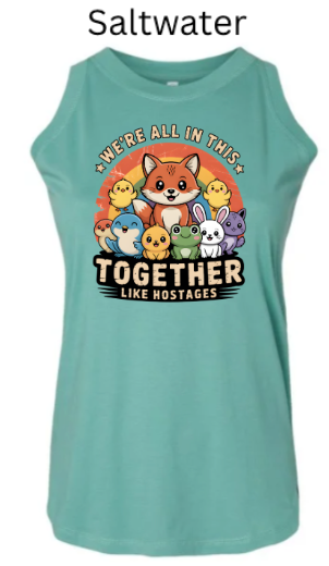 "We're All In This Together Like Hostages" Funny Animal Group Tank Top | DTF Printed Women's Muscle Tee | Cute Wildlife Humor Shirts for Women | Retro Sunset Design