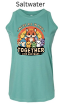 "We're All In This Together Like Hostages" Funny Animal Group Tank Top | DTF Printed Women's Muscle Tee | Cute Wildlife Humor Shirts for Women | Retro Sunset Design