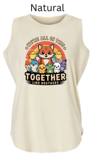 "We're All In This Together Like Hostages" Funny Animal Group Tank Top | DTF Printed Women's Muscle Tee | Cute Wildlife Humor Shirts for Women | Retro Sunset Design