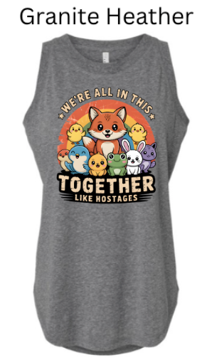 "We're All In This Together Like Hostages" Funny Animal Group Tank Top | DTF Printed Women's Muscle Tee | Cute Wildlife Humor Shirts for Women | Retro Sunset Design