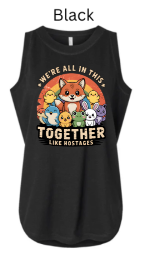 "We're All In This Together Like Hostages" Funny Animal Group Tank Top | DTF Printed Women's Muscle Tee | Cute Wildlife Humor Shirts for Women | Retro Sunset Design