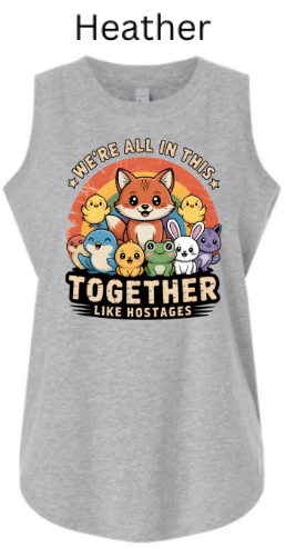 "We're All In This Together Like Hostages" Funny Animal Group Tank Top | DTF Printed Women's Muscle Tee | Cute Wildlife Humor Shirts for Women | Retro Sunset Design
