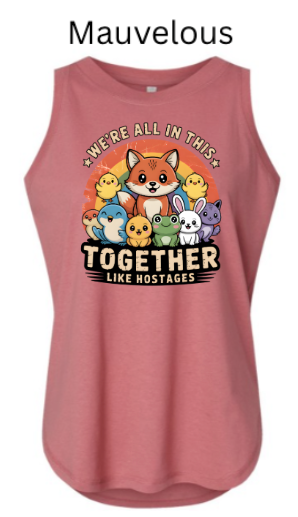"We're All In This Together Like Hostages" Funny Animal Group Tank Top | DTF Printed Women's Muscle Tee | Cute Wildlife Humor Shirts for Women | Retro Sunset Design