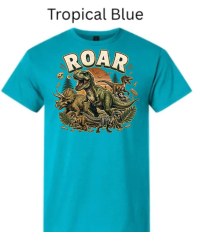 "Bright tropical blue tee showing T-Rex family in jungle setting with ROAR design"