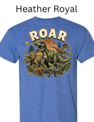 "Heather royal blue dino tee with bold ROAR lettering and prehistoric scene"