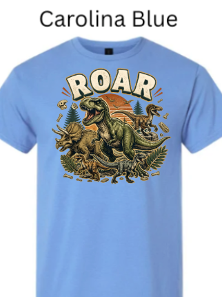 "Carolina blue t-shirt with vintage dinosaur ROAR graphic featuring T-Rex and Triceratops"