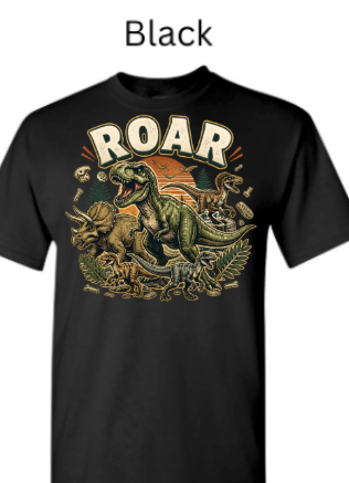 "Black graphic tee with contrasting vintage-style dinosaur print and ROAR header"