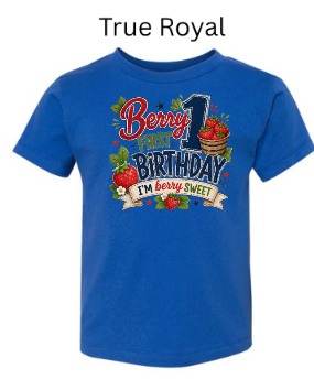 Happy First Birthday toddler t-shirt in true royal blue with strawberry and animal graphics and "I'm Sweet" banner — colorful first birthday milestone outfit for kids