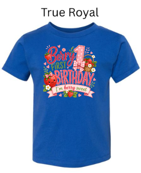 Happy First Birthday toddler t-shirt in true royal blue with strawberry and basket graphics and "I'm Sweet" banner — colorful first birthday milestone outfit for kids
