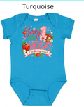 Berry 1st Birthday infant bodysuit in turquoise blue with strawberry
design and "Berry Sweet" lettering — ideal for a first birthday
party outfit or milestone photo